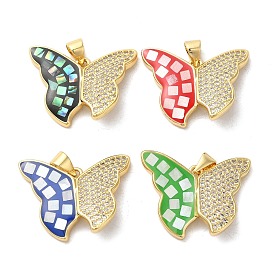 Brass Micro Pave Cubic Zirconia Pendants, with Enamel & Shell, Long-Lasting Plated, Lead Free & Cadmium Free, Real 18K Gold Plated, Butterfly