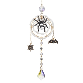 Halloween Wire Wrapped Glass Beads & Alloy Enamel Spider Hanging Ornaments, Leaf Tassel for Home Decorations