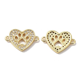 Brass Micro Pave Clear Cubic Zirconia Connector Charms, Heart Links with Hallow Paw Print, Lead Free & Cadmium Free