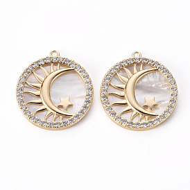 Brass Micro Pave Clear Cubic Zirconia Pendants, with Shell, Flat Round with Sun and Star, Nickel Free