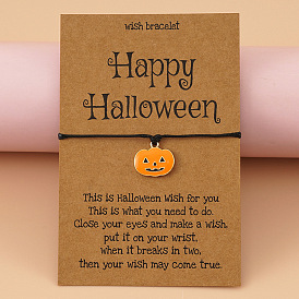 Spooky Pumpkin Skeleton Charm Bracelet & Card Set with Smiling Orange Faces - Halloween Jewelry