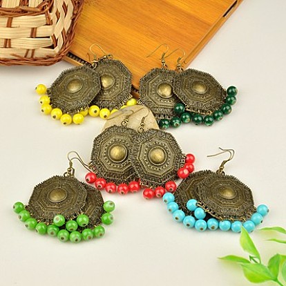 Tibetan Style Chandelier Earrings, with Baking Paint Glass Beads and Iron Earring Hooks, 74mm