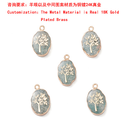 Synthetic Gemstone Pendants, Oval Charms with Real 24K Gold Plated Brass Edge and Brass Slice