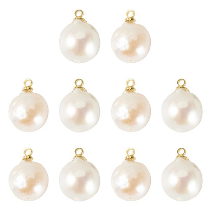 10Pcs Natural Baroque Pearl Keshi Pearl Pendants, Teardrop Charms with Brass Bails, Golden