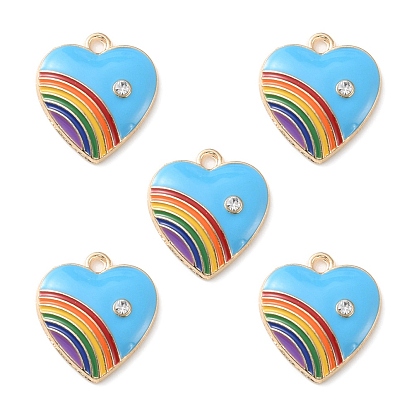 Alloy Enamel Pendant, with Rhinestone, Heart with Rainbow Charm