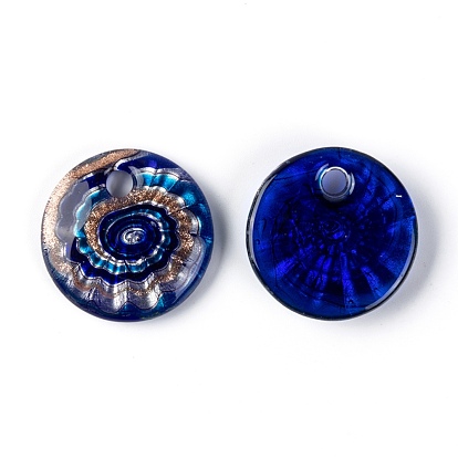 Handmade Silver Foil Lampwork Pendants, with Gold Sand, Flat Round, Mixed Color, 45x10mm, hole: 5mm
