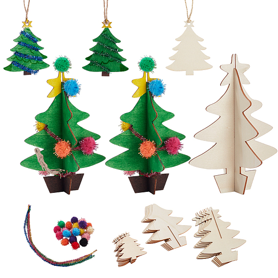 1 пакет незаконченных деревянных елок, с шариками и проволокой, с 10шт. неокрашенных деревянных подвесок для рождественской елки