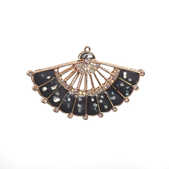 Alloy Enamel Pendants, with Rhinestone, Fan, Golden, 42x68x4mm, Hole: 1mm
