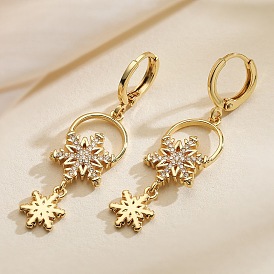Латунные серьги-кольца из прозрачного кубического циркония, снежинка