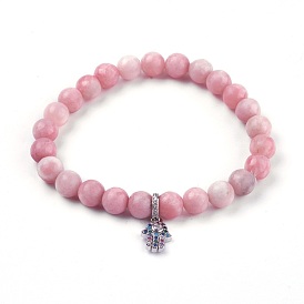 Natural Pink Opal Charm Bracelets, with Brass Cubic Zirconia Charms, Hamsa Hand/Hand of Fatima/Hand of Miriam