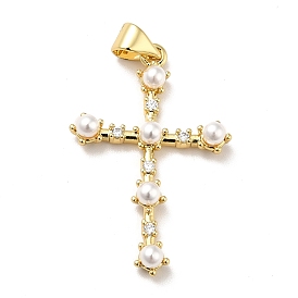 Brass Micro Pave Cubic Zirconia Pendants, with Plastic Imitation Pearl, Long-Lasting Plated, Real 18K Gold Plated, Cross