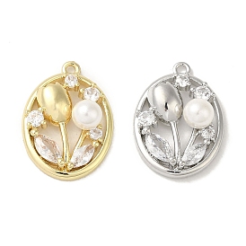 Brass Micro Pave Cubic Zirconia Pendants, with Shell Pearl, Oval with Flower