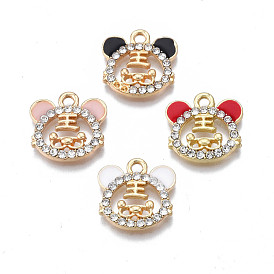 Alloy Enamel Charms, with Crystal Rhinestone, Cadmium Free & Nickel Free & Lead Free, Light Gold, Tiger Head with Chinese Character King