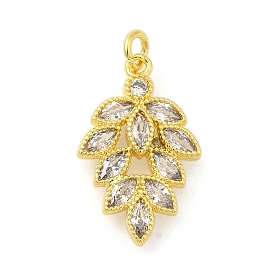 Rack Plating Brass Micro Pave Cubic Zirconia Pendants, Long-Lasting Plated, Lead Free & Cadmium Free, Leaf