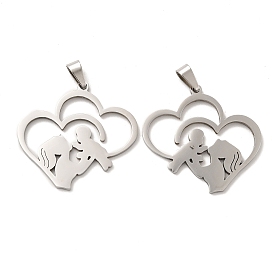Mother's Day 201 Stainless Steel Pendants, Mother with Baby, Hollow Heart Charms