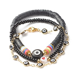Handmade Polymer Clay Heishi Beads Stretch Bracelets Set, Flat Round with Evil Eye and Heart Lampwork Beads Lucky Bracelets for Women, Golden