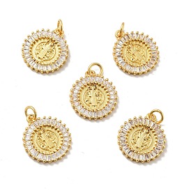 Flat Round with Saint Brass Micro Pave Clear Cubic Zirconia Pendants, with Jump Rings, Cadmium Free & Nickel Free & Lead Free