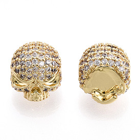 Brass Micro Pave Cubic Zirconia Beads, Cadmium Free & Lead Free, Skull