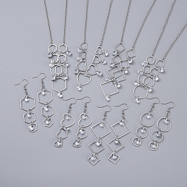 304 de acero inoxidable conjuntos de joyas, pendientes y collares colgantes, con amuletos de circonia cúbica, anillo / corazón / cuadrado / hexágono