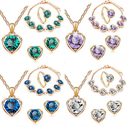 Стеклянный набор украшений в форме сердца, ожерелье с подвеской из сплава, браслет-цепочка, серьги-пусеты и регулируемое кольцо