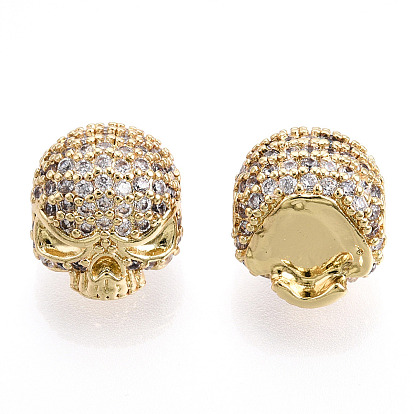 Brass Micro Pave Cubic Zirconia Beads, Cadmium Free & Lead Free, Skull