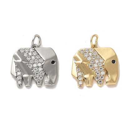 Brass Micro Pave Cubic Zirconia Pendants, with Jump Ring, Long-Lasting Plated, Elephant Charm
