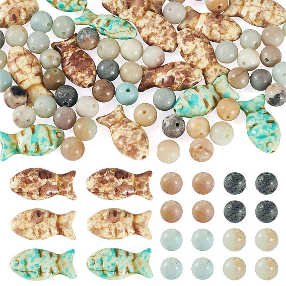 50Pcs Round Natural Flower Amazonite and 15Pcs 3 Colors Fish Dyed Synthetic Turquoise Beads Sets