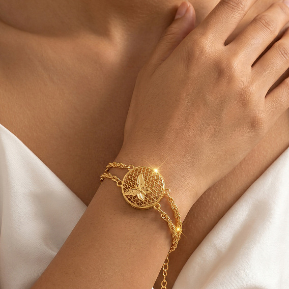 Chaîne en alliage à maillons creux 2 Bracelets à plusieurs rangs pour femmes, or