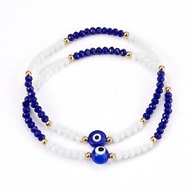 Faceted Glass Beaded Stretch Bracelets, with Evil Eye Lampwork Beads and 304 Stainless Steel Beads, Golden