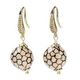 Round Porcelain Dangle Earrings, Brass Micro Pave Clear Cubic Zirconia Earrings for Women