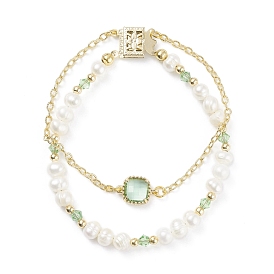 Natural Pearl & Glass Beaded Multi-strand Bracelet with Brass Cable Chains for Women, Golden