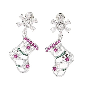 Christmas Socking & Snowflake Brass Pave Colorful Cubic Zirconia Dangle Stud Earrings for Women, with 304 Stainless Steel Pins