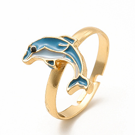 Steel Blue Enamel Dolphin Adjustable Ring, Rack Plating Alloy Jewelry for Women, Nickel Free