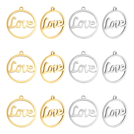 Unicraftale 12Pcs 2 Colors 201 Stainless Steel Laser Cut Pendants, Ring with Word LOVE