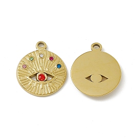 Vacuum Plating 201 Stainless Steel Pendants, Colorful Rhinestone Flat Round with Eye Pattern Charms