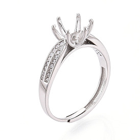 Rhodium Plated 925 Sterling Silver Micro Pave Cubic Zirconia Engagement Solitaire Ring Settings, Adjustable Prong Ring Components
