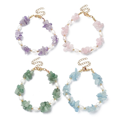 4Pcs 4 Style Natural Mixed Gemstone Chips & Pearl Beaded Bracelets Set, Stackable Bracelets for Women