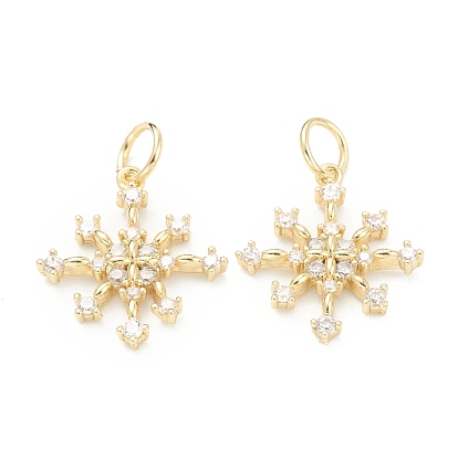 Brass Clear Cubic Zirconia Pendants, Long-Lasting Plated, with Jump Ring, Snowflake