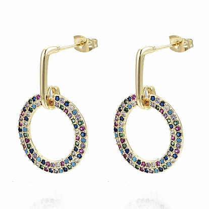 Brass Micro Pave Cubic Zirconia Dangle Stud Earrings, with Earring Backs, Nickel Free, Ring, Real 16K Gold Plated