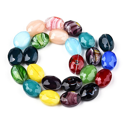 Pearl Luster Plated Glass Bead Strands, Faceted Oval, 16x12x7~7.5mm, Hole: 1~1.4mm, about 24pcs/strand, 15 inch