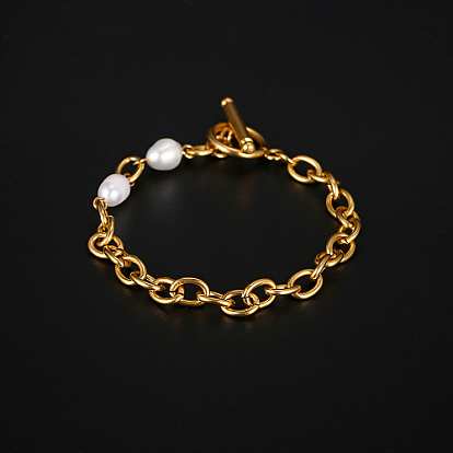 Stainless Steel Chain Bracelets, with Natural Pearl Beads