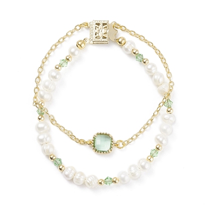 Natural Pearl & Glass Beaded Multi-strand Bracelet with Brass Cable Chains for Women, Golden