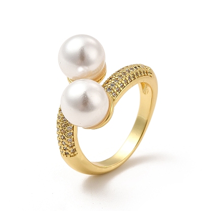 Открытое кольцо-манжета из прозрачного кубического циркония с пластиковыми жемчужными бусинами, украшения из латуни для женщин, без кадмия и без свинца