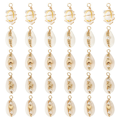 30 шт. 5 стили из натуральной раковины каури, медная проволока, обернутые подвески, подвески в форме ракушки с круглой ракушечной жемчужиной, разнообразные