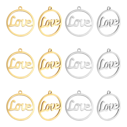12Pcs 2 Colors 201 Stainless Steel Laser Cut Pendants, Ring with Word LOVE