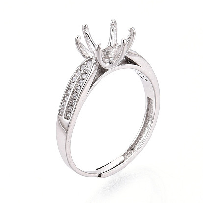 Rhodium Plated 925 Sterling Silver Micro Pave Cubic Zirconia Engagement Solitaire Ring Settings, Adjustable Prong Ring Components
