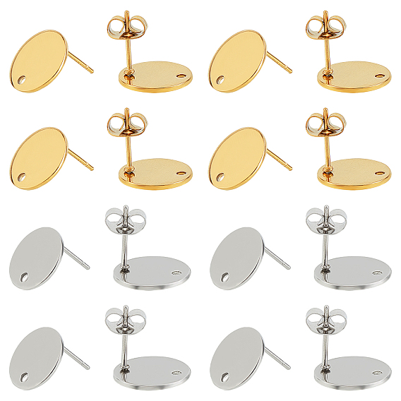 40Pcs 2 Colors PVD Vacuum Plating 304 Stainless Steel Stud Earring Findings, with Loop and Flat Plate, Ear Nuts/Earring Backs, Flat Round