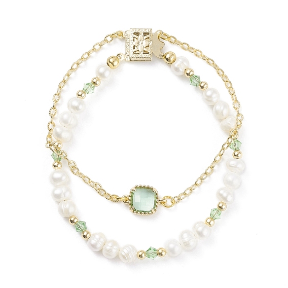 Natural Pearl & Glass Beaded Multi-strand Bracelet with Brass Cable Chains for Women, Golden