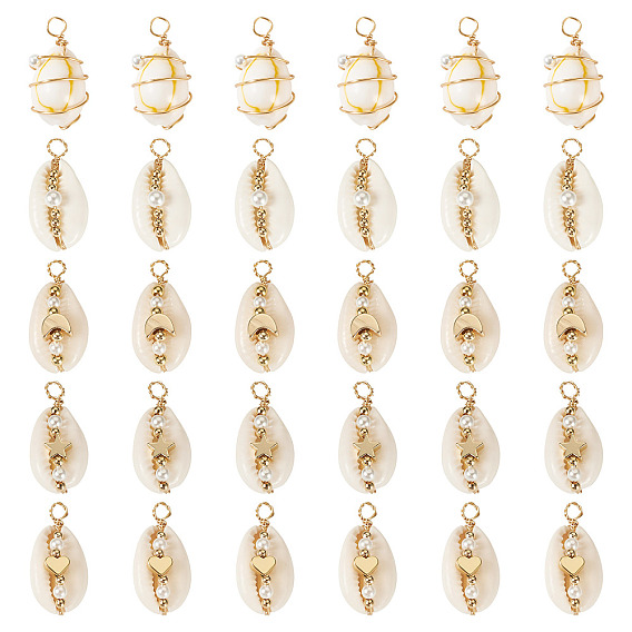 30 шт. 5 стили из натуральной раковины каури, медная проволока, обернутые подвески, подвески в форме ракушки с круглой ракушечной жемчужиной, разнообразные