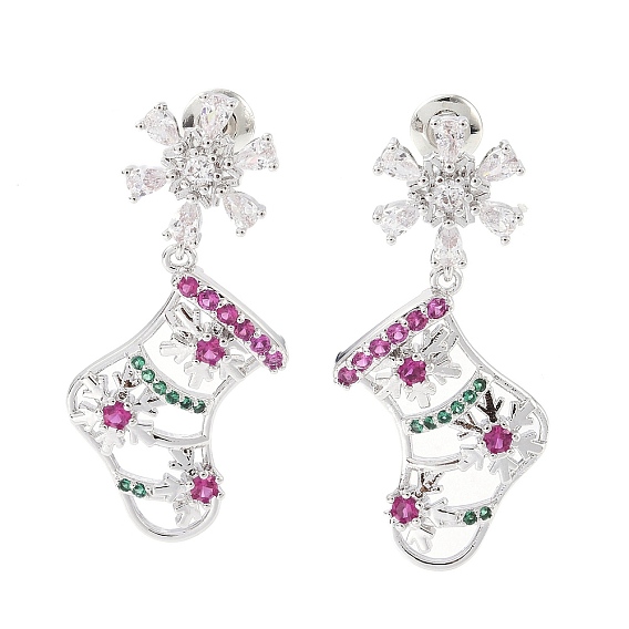 Женские серьги-гвоздики из латуни с рождественским носком и снежинками, разноцветные циркониевые серьги, с 304 штифтов из нержавеющей стали